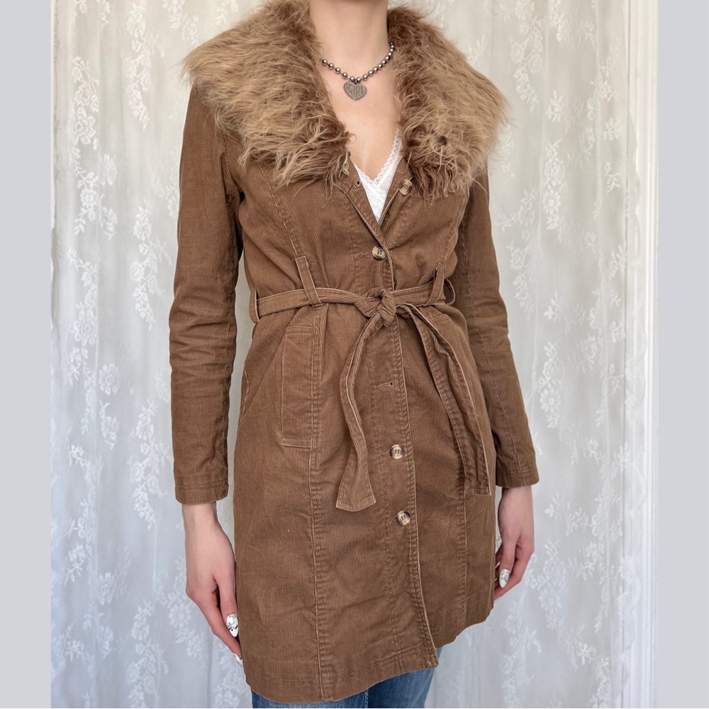 Vintage Y2K Tan Corduroy Jacket With Faux Fur